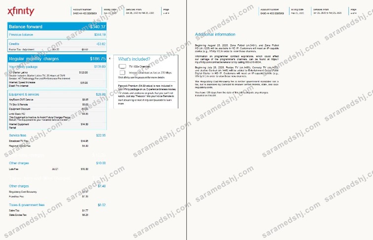 USA Xfinity utility bill template in Word and PDF formats, 4 pages, version 2, 3-4 pages